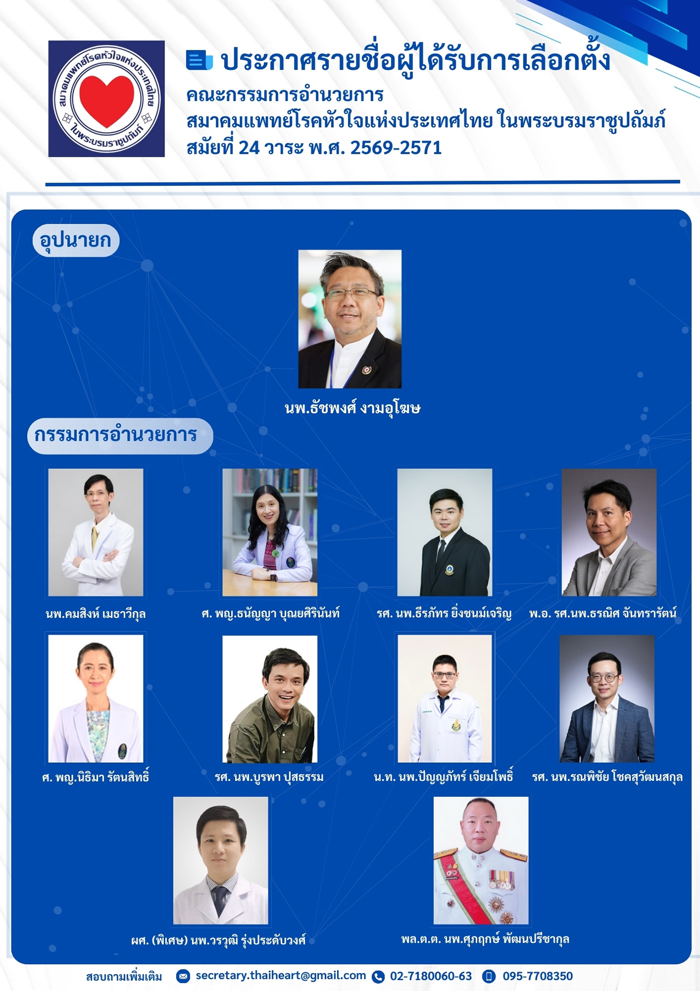 ประกาศรายชื่อผู้ได้รับการเลือกตั้งเป็นอุปนายกและคณะกรรมการอำนวยการสมาคมแพทย์โรคหัวใจแห่งประเทศไทย ฯ